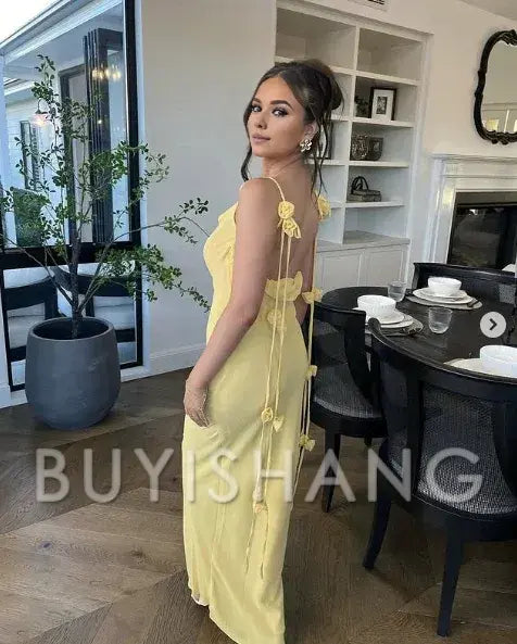 Buyishang Elegant Gorgeous Mermaid Spaghetti Straps Floor Length Floral Yellow Evening Dress Prom Dresses