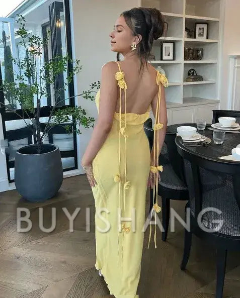 Buyishang Elegant Gorgeous Mermaid Spaghetti Straps Floor Length Floral Yellow Evening Dress Prom Dresses