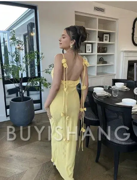 Buyishang Elegant Gorgeous Mermaid Spaghetti Straps Floor Length Floral Yellow Evening Dress Prom Dresses