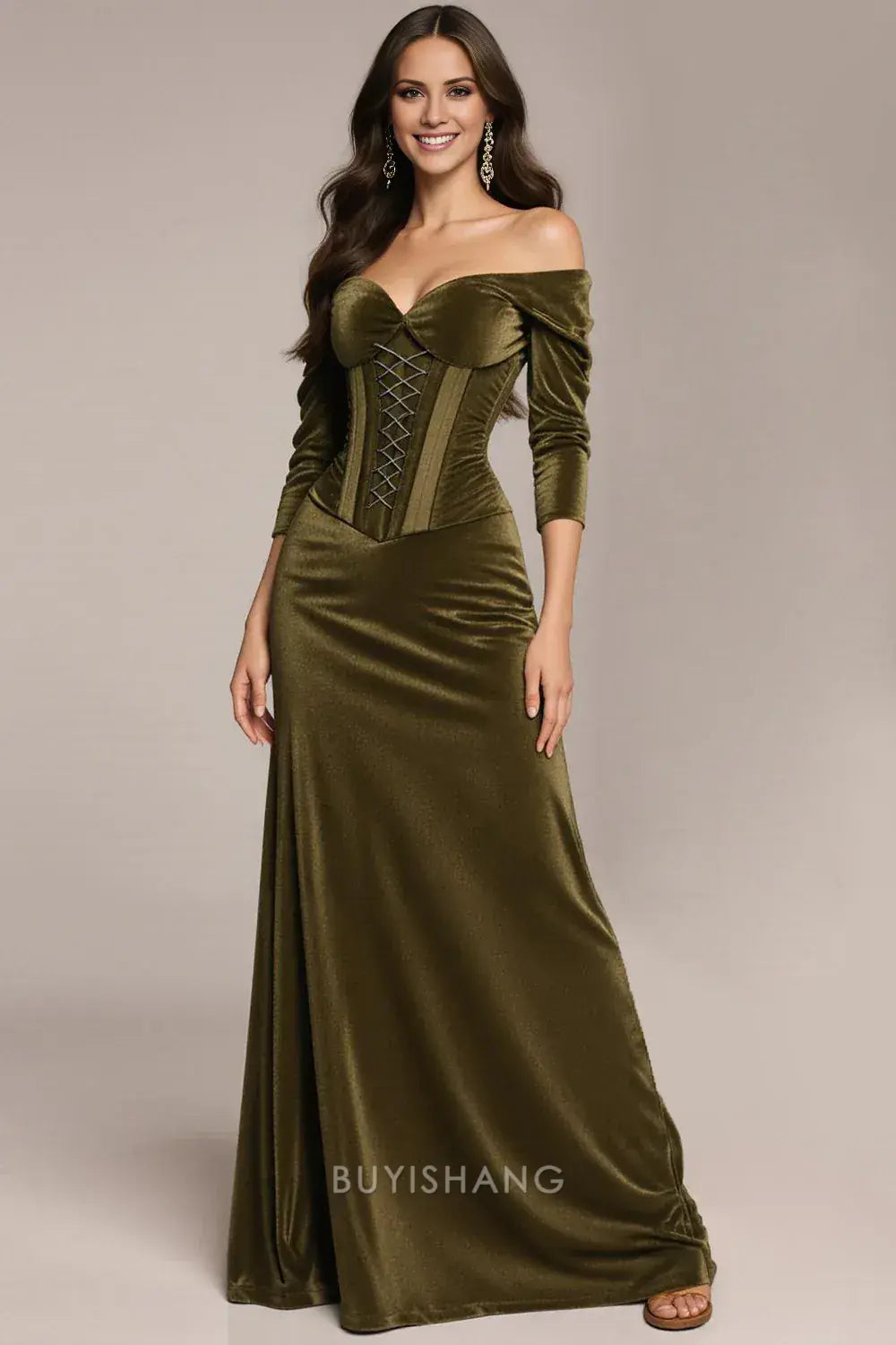Elegant Green Off the Shoulder Velvet Corset Long Formal Dress with Sleeves Prom Dress
