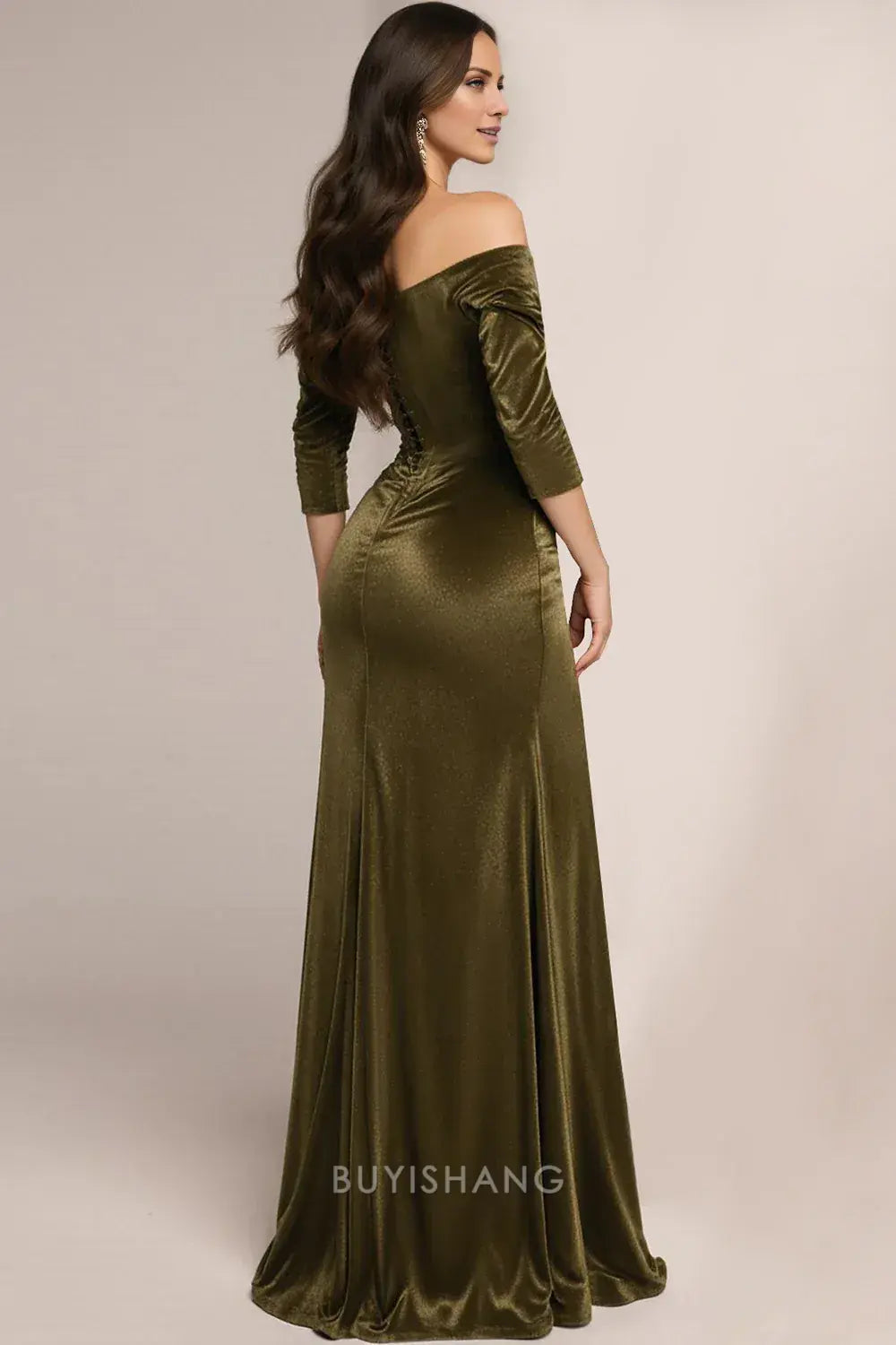 Elegant Green Off the Shoulder Velvet Corset Long Formal Dress with Sleeves Prom Dress