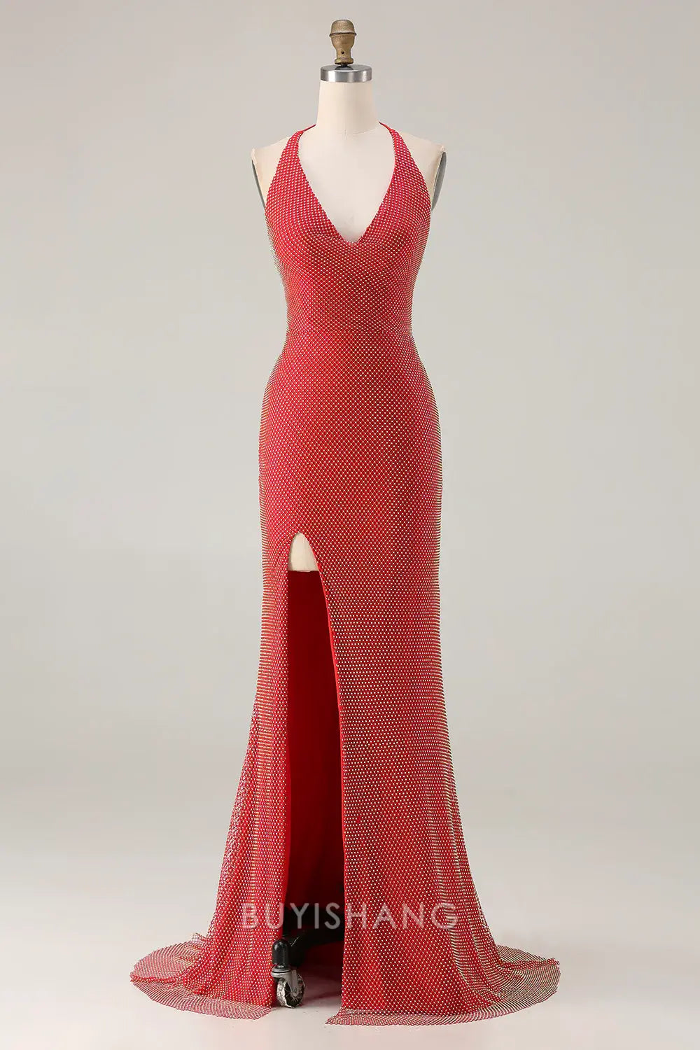 Elegant Halter Neck Crystal-Embellished High Slit Mermaid Maxi Dress Prom Dress