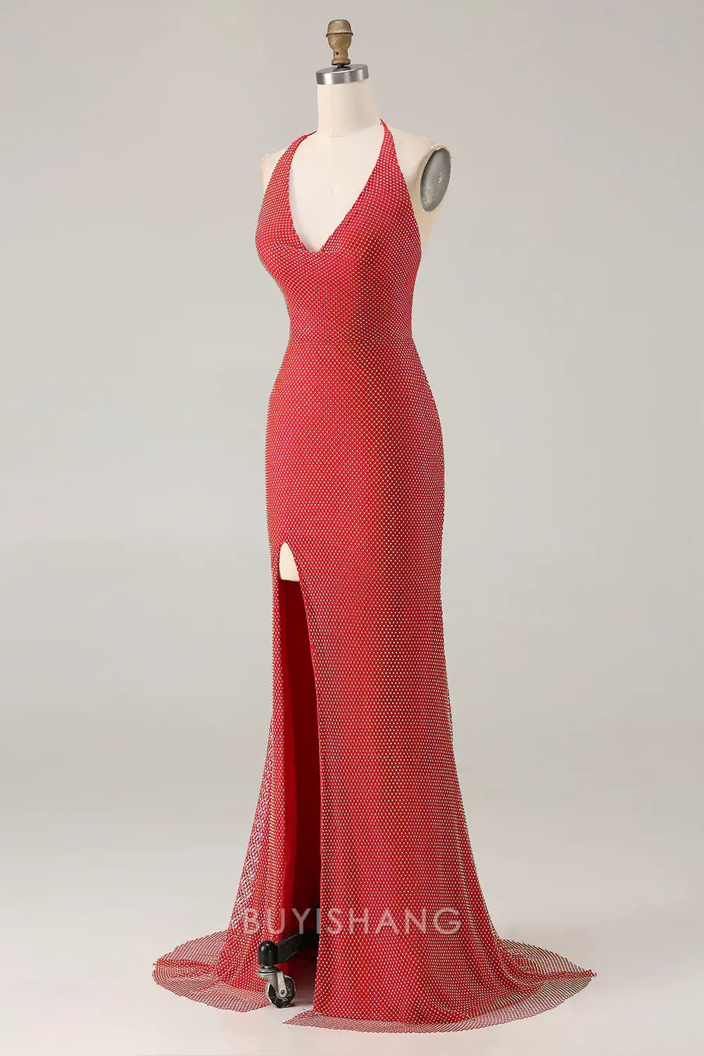 Elegant Halter Neck Crystal-Embellished High Slit Mermaid Maxi Dress Prom Dress