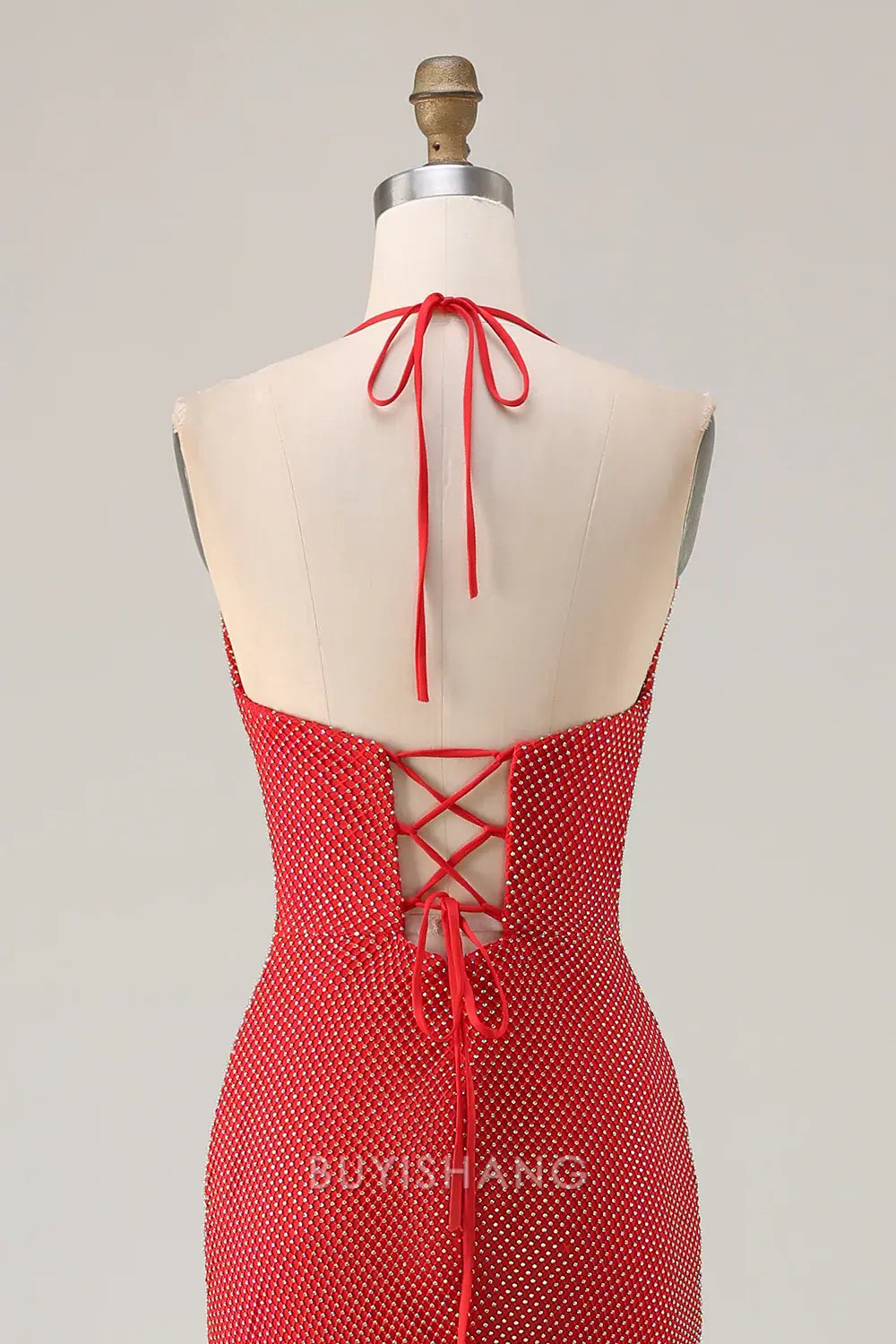 Elegant Halter Neck Crystal-Embellished High Slit Mermaid Maxi Dress Prom Dress