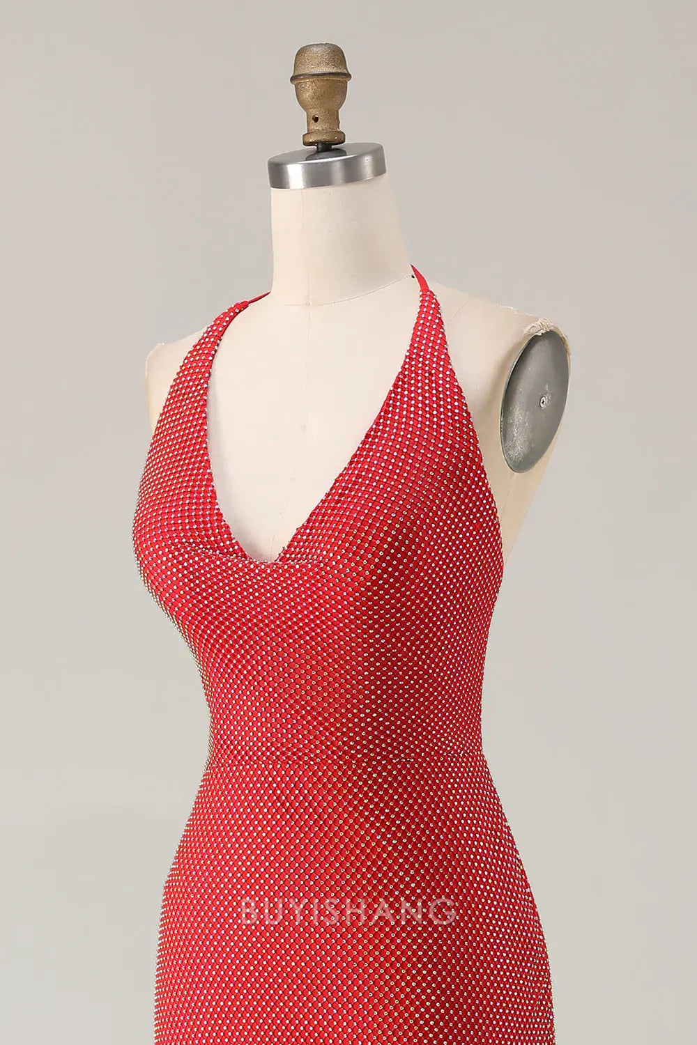 Elegant Halter Neck Crystal-Embellished High Slit Mermaid Maxi Dress Prom Dress