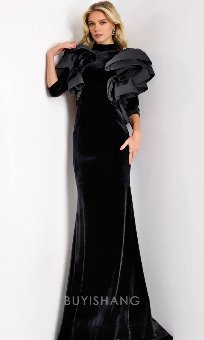 Elegant High Neck Dramatic Ruffled Sleeve Velvet Mermaid Maxi Dress Mother of the Bride Dress