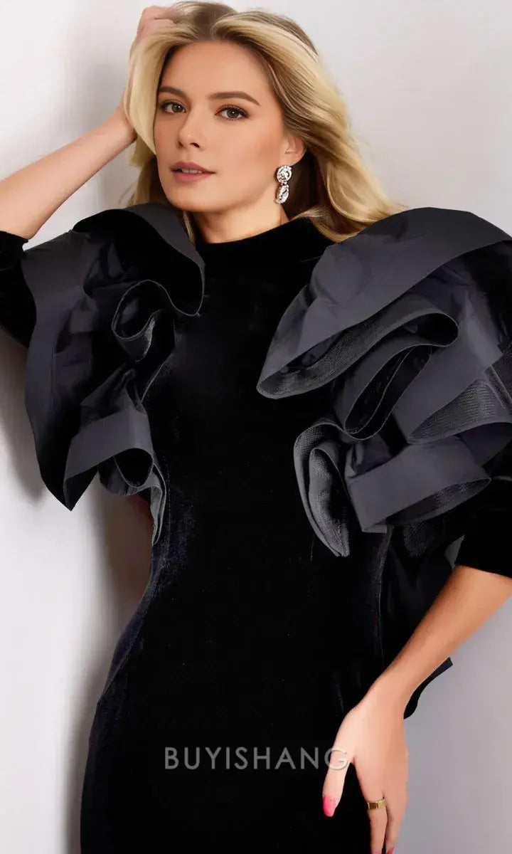 Elegant High Neck Dramatic Ruffled Sleeve Velvet Mermaid Maxi Dress Mother of the Bride Dress