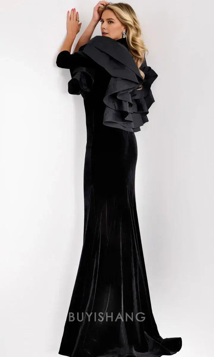 Elegant High Neck Dramatic Ruffled Sleeve Velvet Mermaid Maxi Dress Mother of the Bride Dress