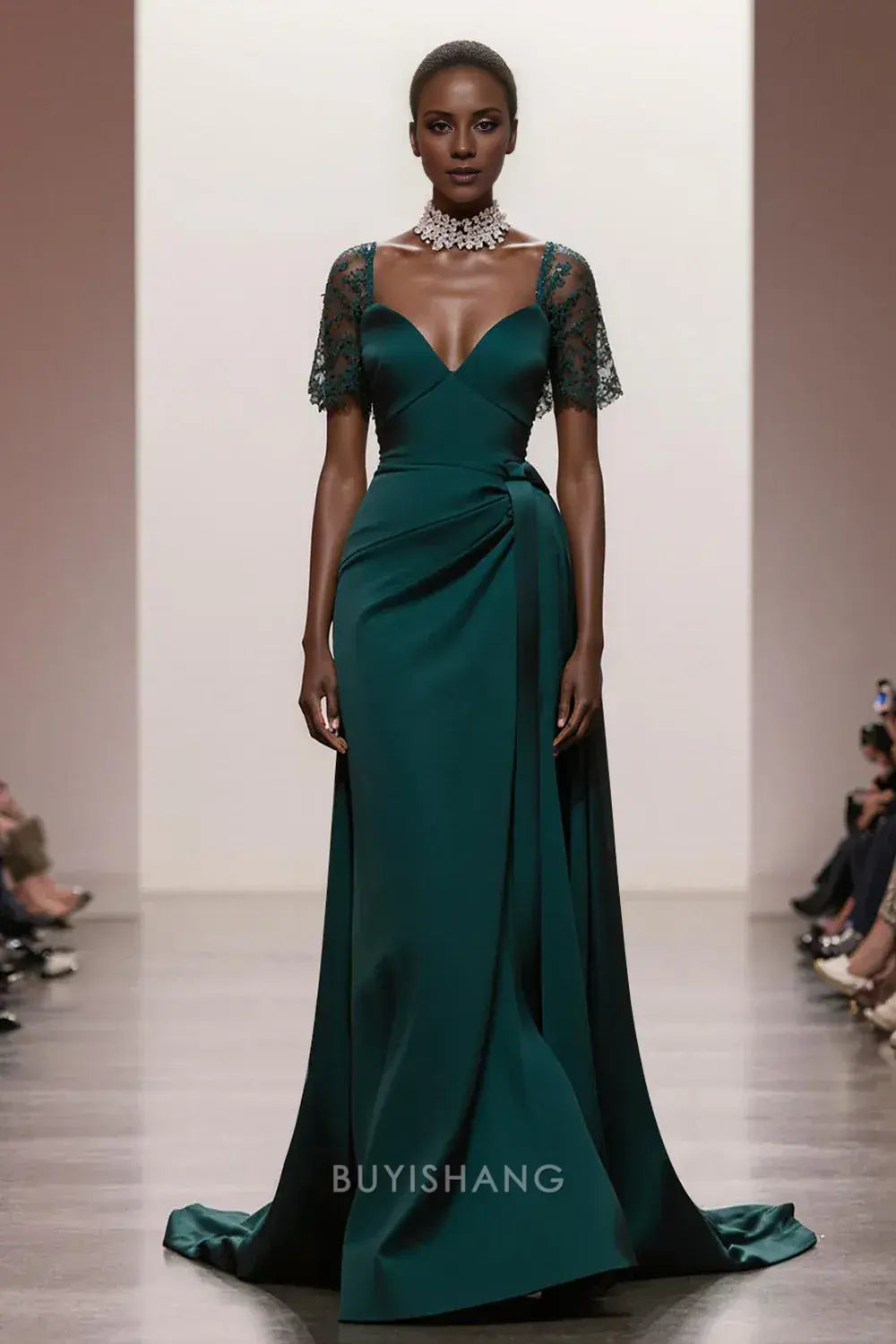 Elegant Lace-Cap Sleeve Plunging V-Neck Open-Back Satin Maxi Dress Prom Dress