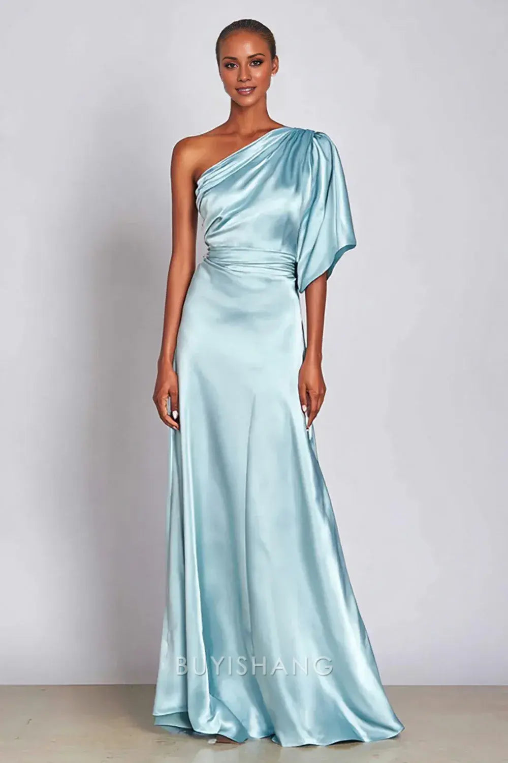 Elegant Light Blue One Shoulder Satin Mermaid Long Formal Dress with Sleeves Prom Dress