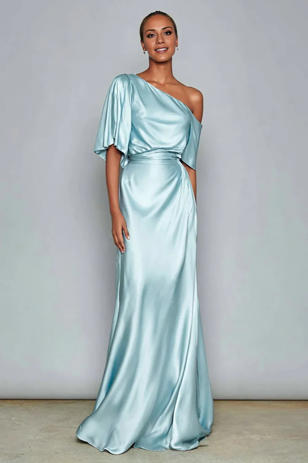 Elegant Light Blue One Shoulder Satin Mermaid Long Formal Dress with Sleeves Prom Dress