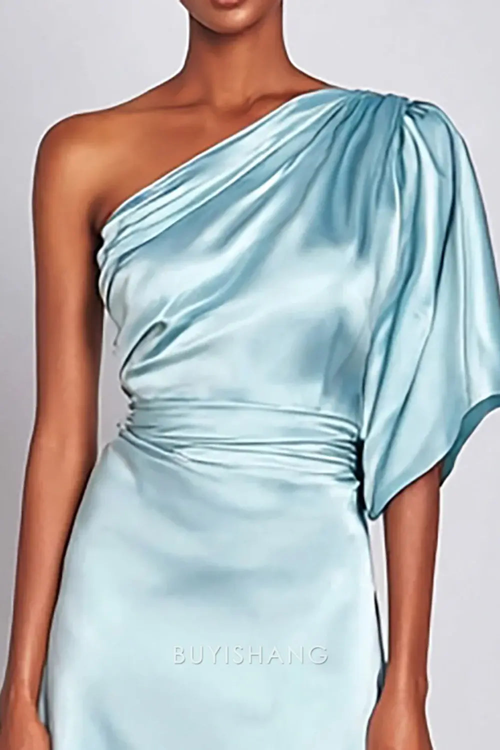 Elegant Light Blue One Shoulder Satin Mermaid Long Formal Dress with Sleeves Prom Dress