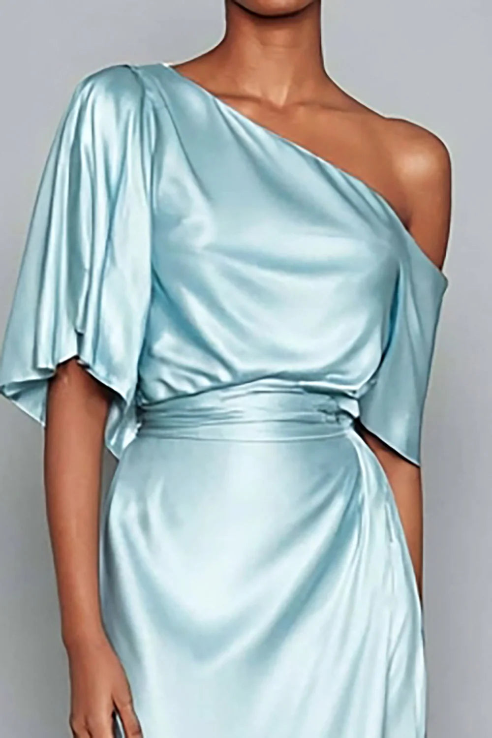 Elegant Light Blue One Shoulder Satin Mermaid Long Formal Dress with Sleeves Prom Dress