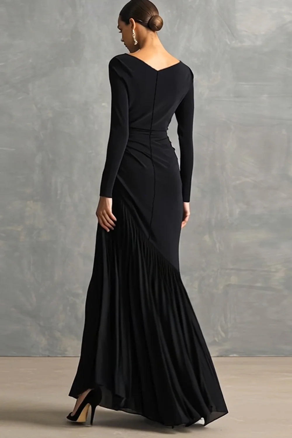 Elegant Long Sleeve Ruched Asymmetric Pleated Mermaid Maxi Dress Prom Dress