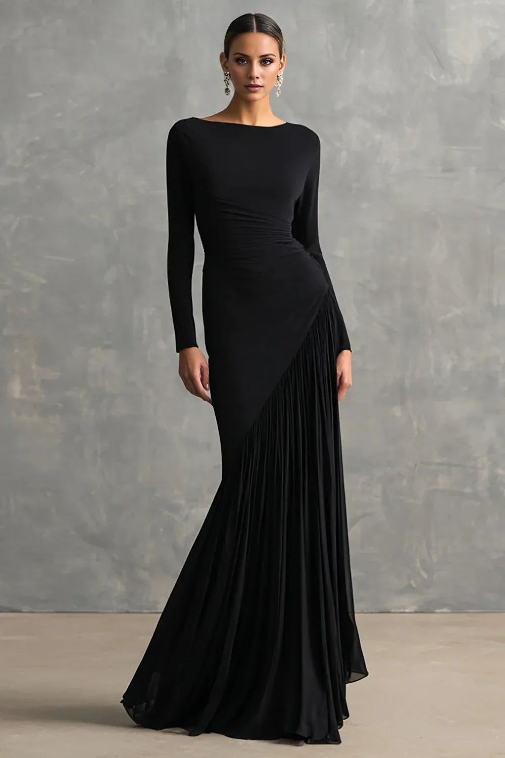 Elegant Long Sleeve Ruched Asymmetric Pleated Mermaid Maxi Dress Prom Dress