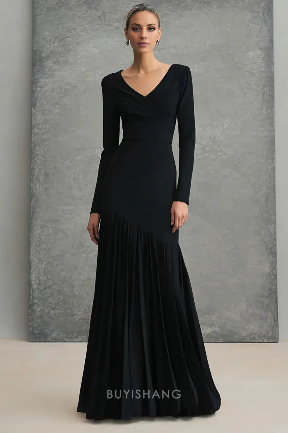 Elegant Long Sleeve Wrap V-Neck Asymmetric Pleated Mermaid Maxi Dress Prom Dress