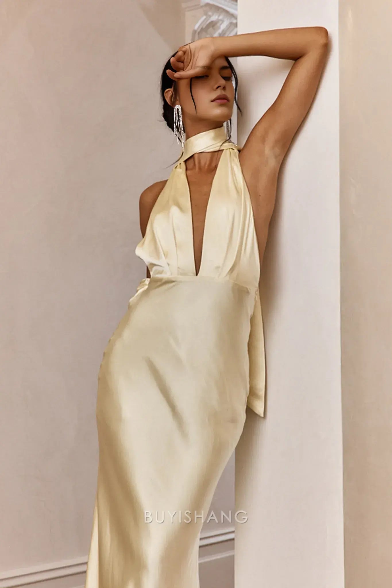 Elegant Mermaid Halter Neck Open Back Maxi Dress with Long Tie prom dress