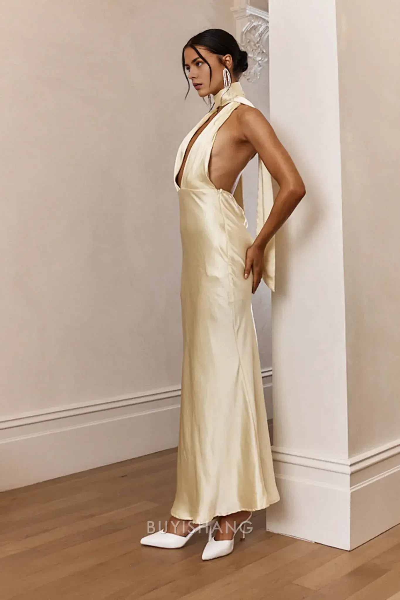 Elegant Mermaid Halter Neck Open Back Maxi Dress with Long Tie prom dress