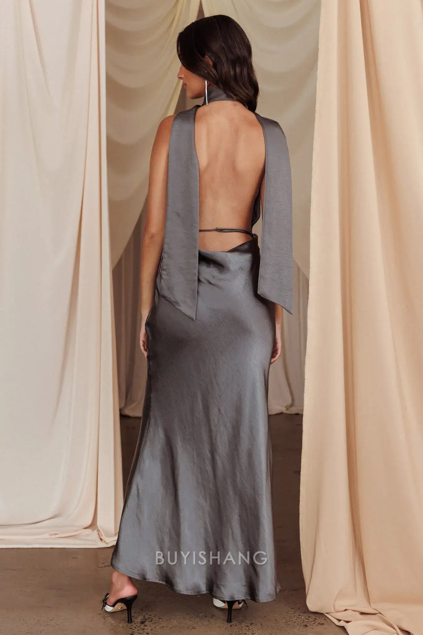 Elegant Mermaid Halter Neck Open Back Maxi Dress with Long Tie prom dress