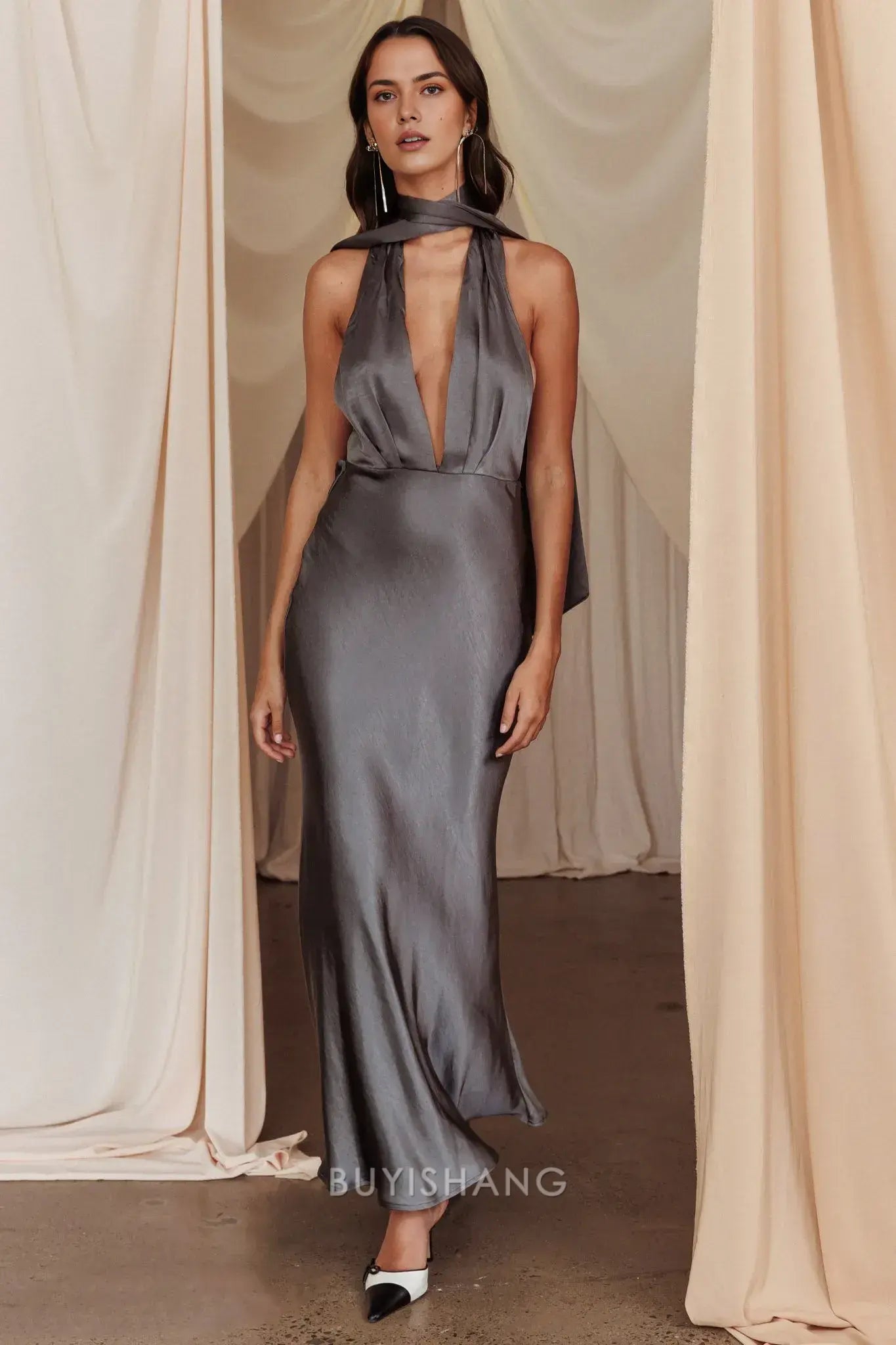 Elegant Mermaid Halter Neck Open Back Maxi Dress with Long Tie prom dress