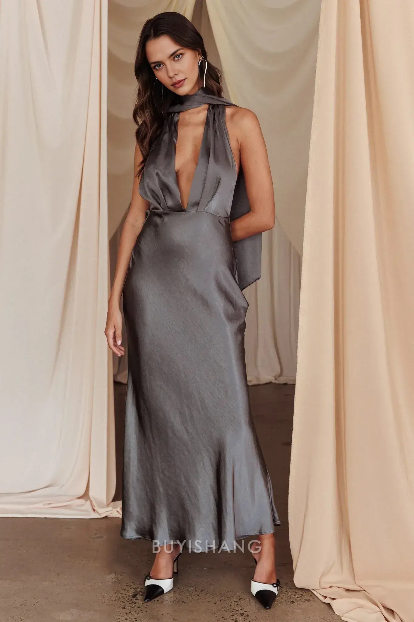 Elegant Mermaid Halter Neck Open Back Maxi Dress with Long Tie prom dress