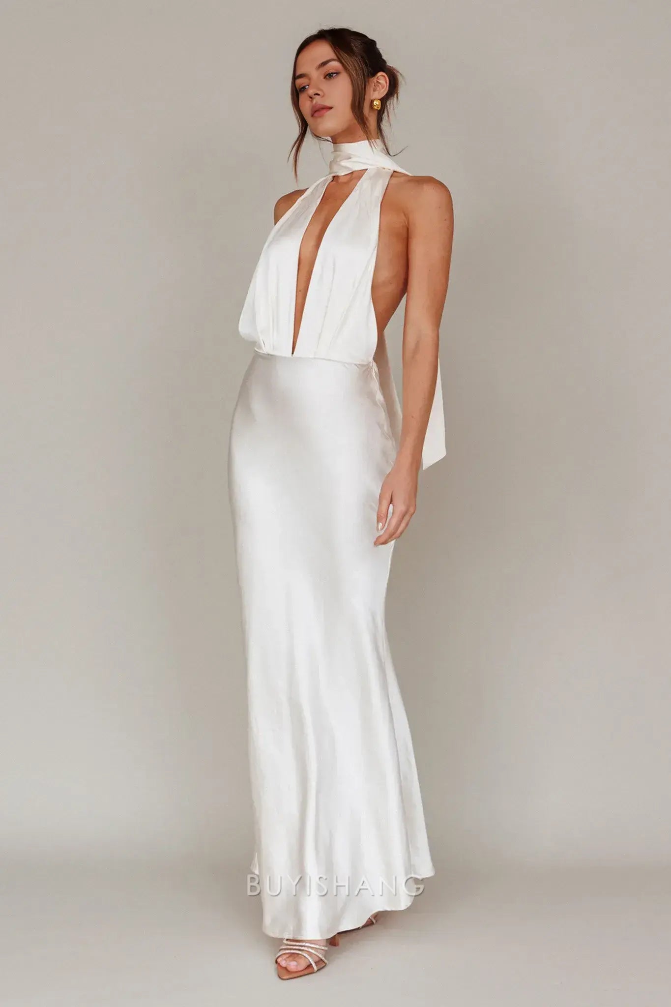 Elegant Mermaid Halter Neck Open Back Maxi Dress with Long Tie prom dress