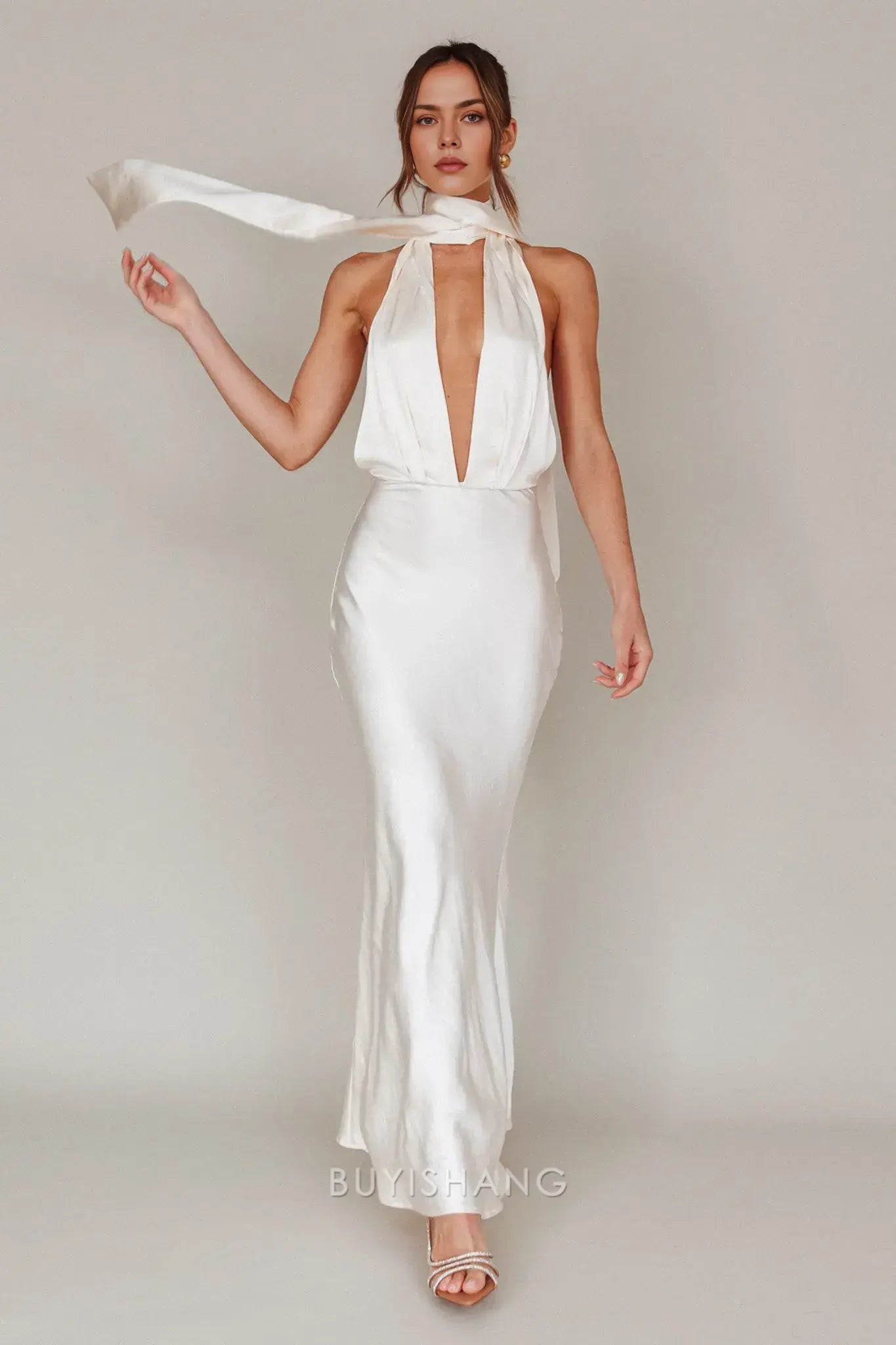 Elegant Mermaid Halter Neck Open Back Maxi Dress with Long Tie prom dress