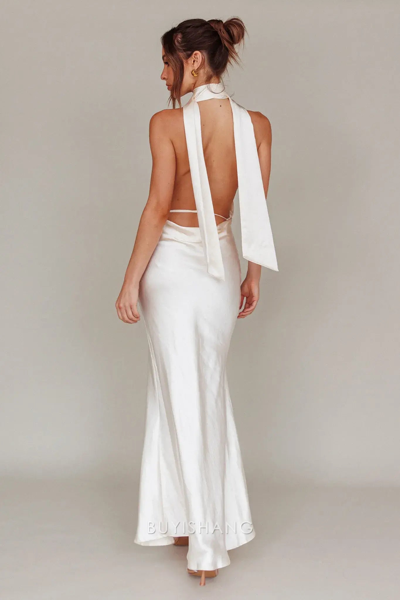 Elegant Mermaid Halter Neck Open Back Maxi Dress with Long Tie prom dress