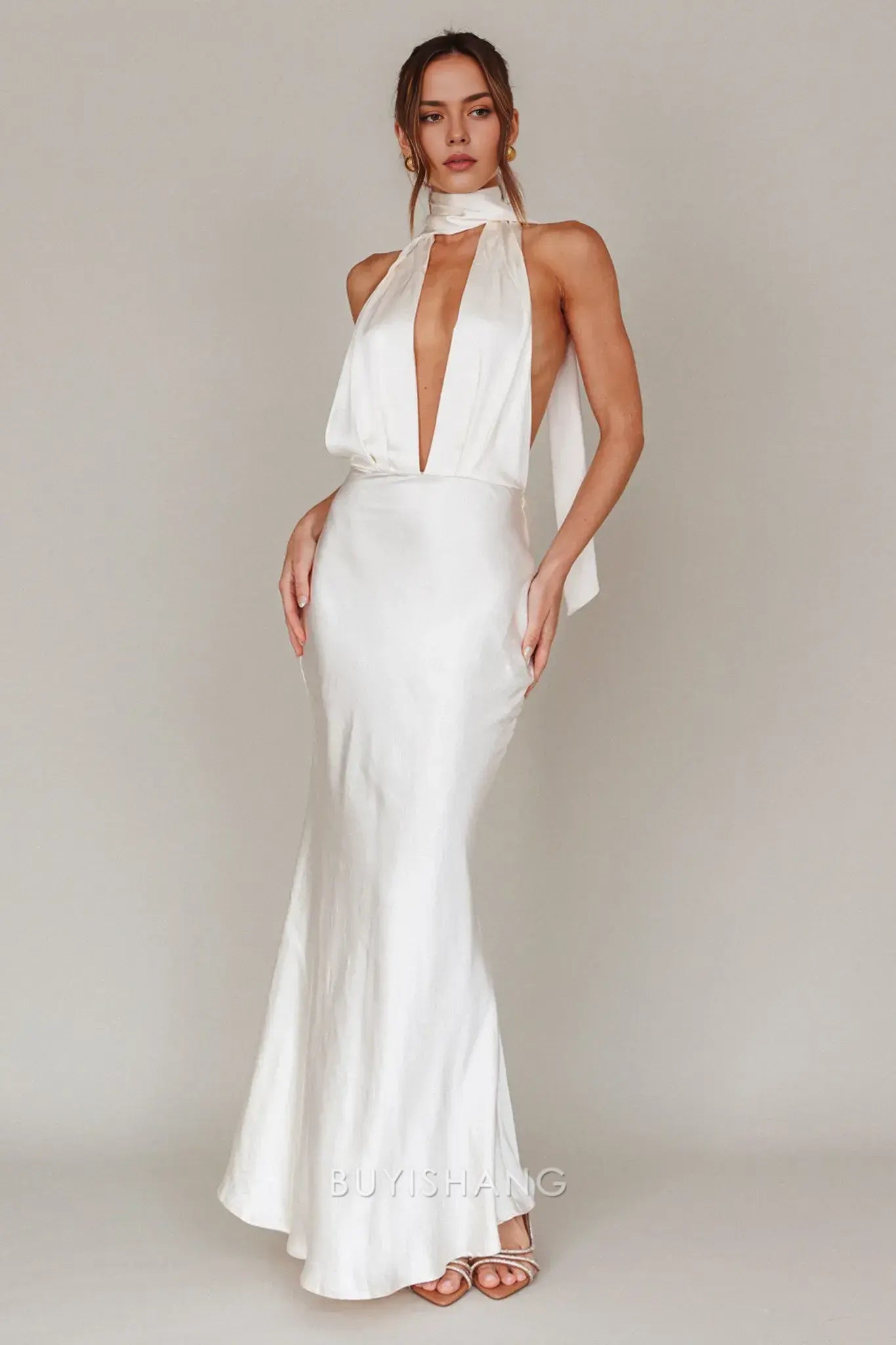 Elegant Mermaid Halter Neck Open Back Maxi Dress with Long Tie prom dress