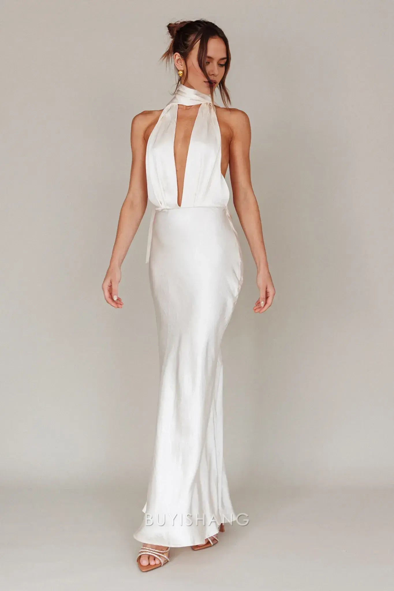 Elegant Mermaid Halter Neck Open Back Maxi Dress with Long Tie prom dress