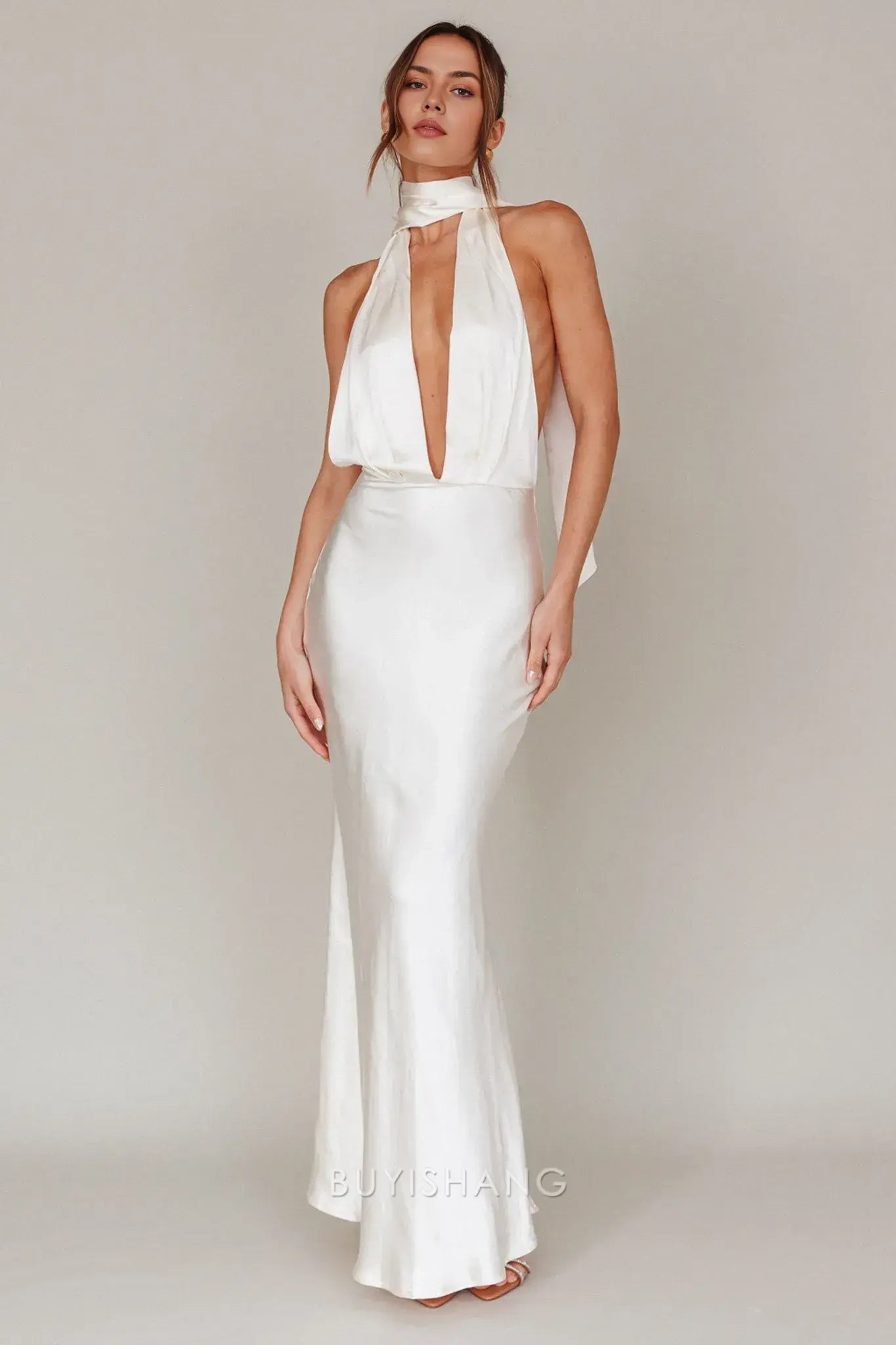 Elegant Mermaid Halter Neck Open Back Maxi Dress with Long Tie prom dress