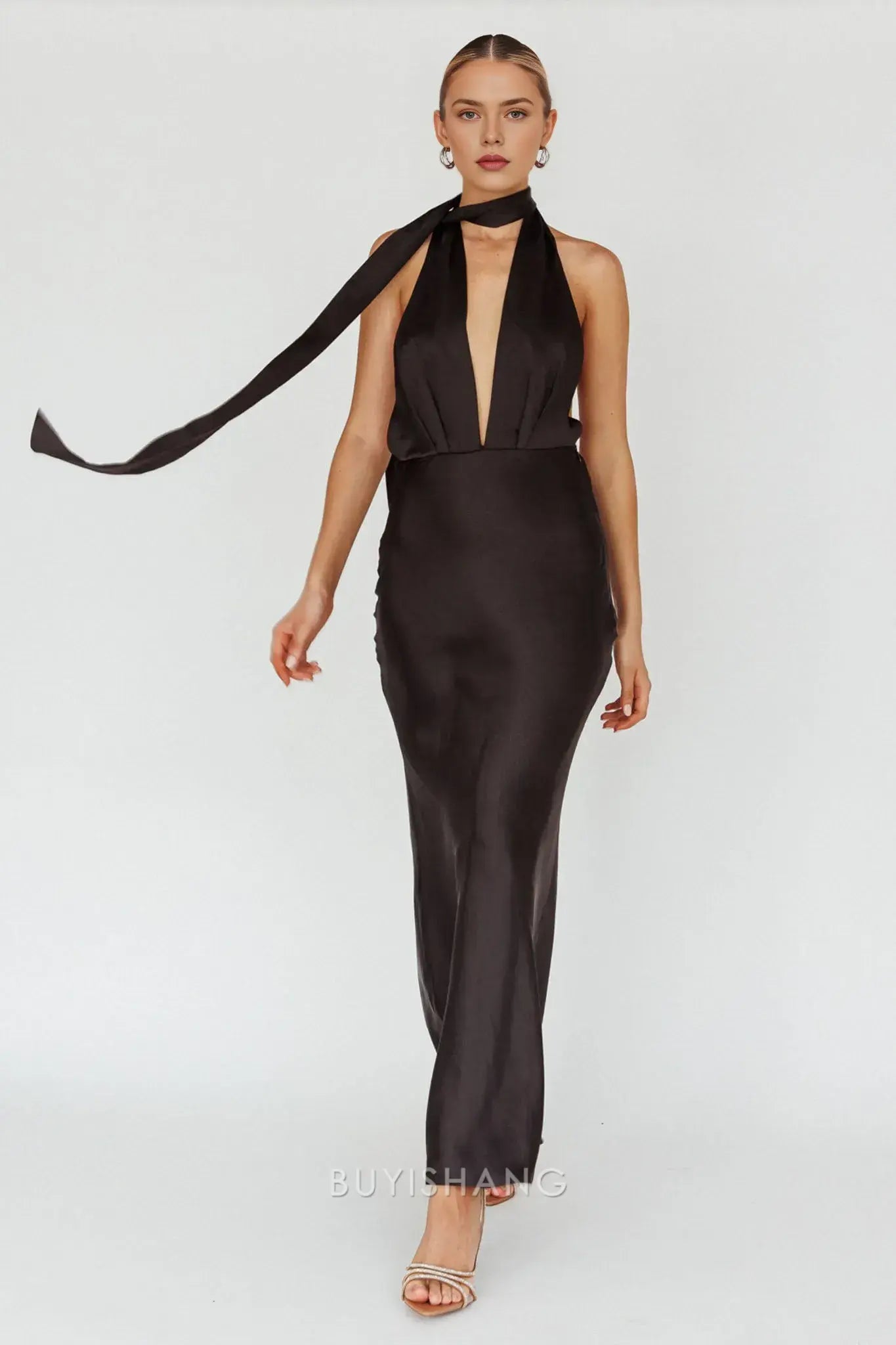 Elegant Mermaid Halter Neck Open Back Maxi Dress with Long Tie prom dress