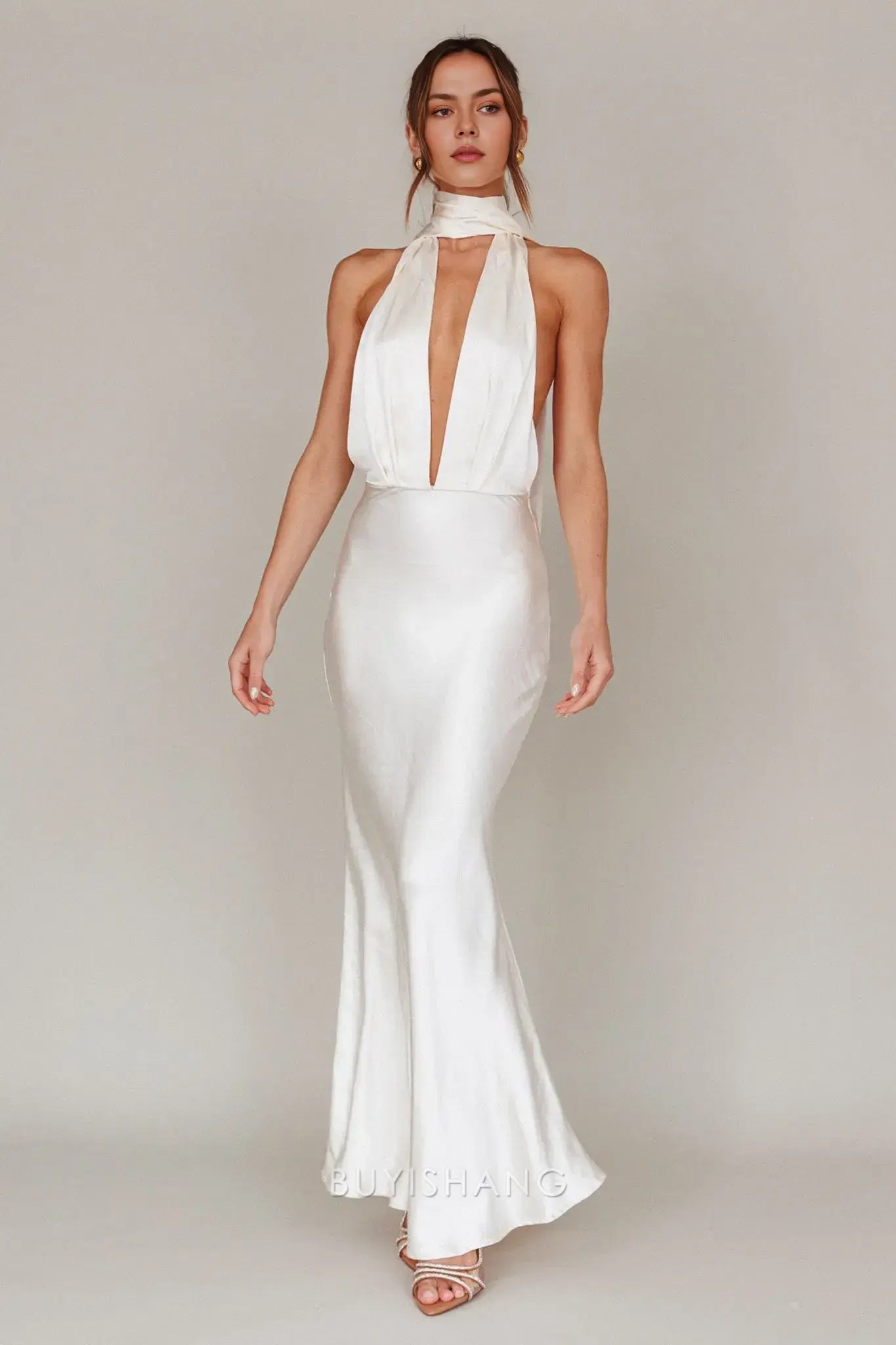 Elegant Mermaid Halter Neck Open Back Maxi Dress with Long Tie prom dress