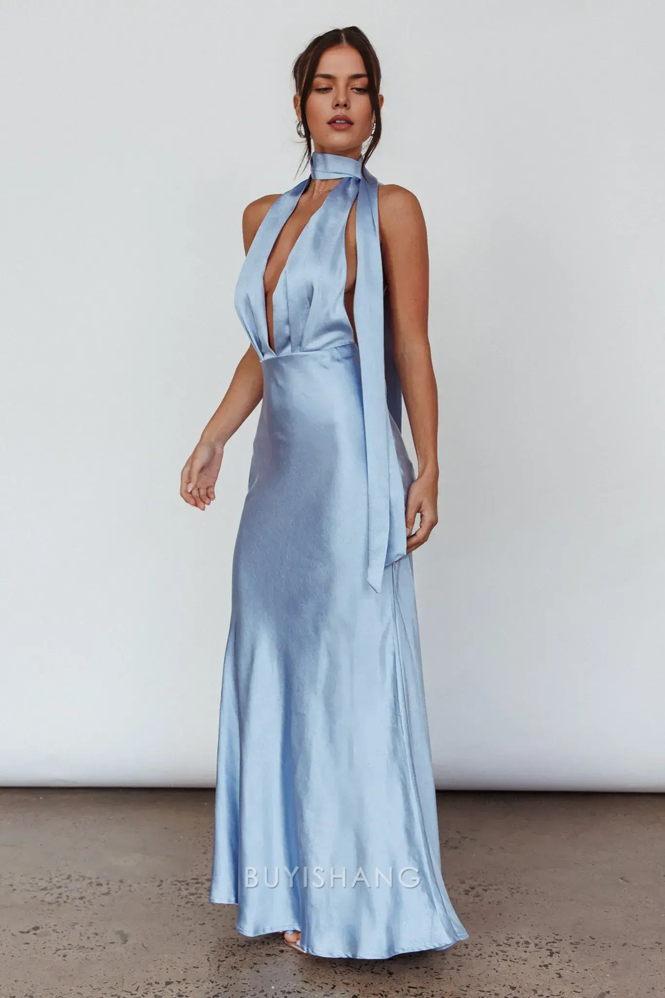 Elegant Mermaid Halter Neck Open Back Maxi Dress with Long Tie prom dress