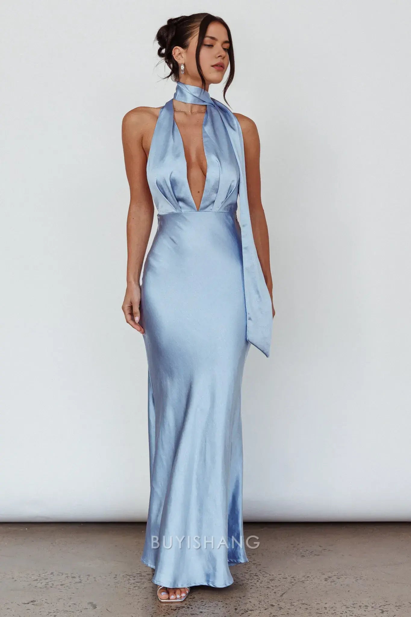 Elegant Mermaid Halter Neck Open Back Maxi Dress with Long Tie prom dress