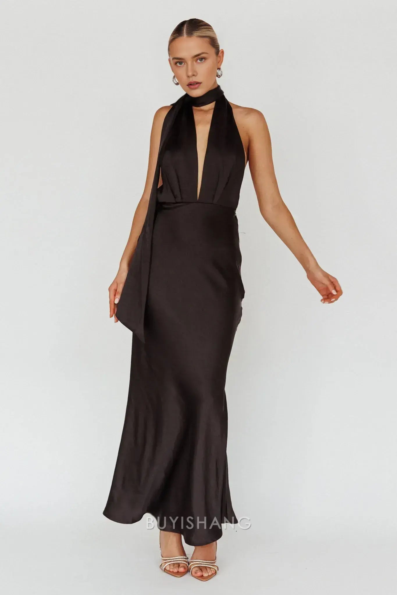 Elegant Mermaid Halter Neck Open Back Maxi Dress with Long Tie prom dress