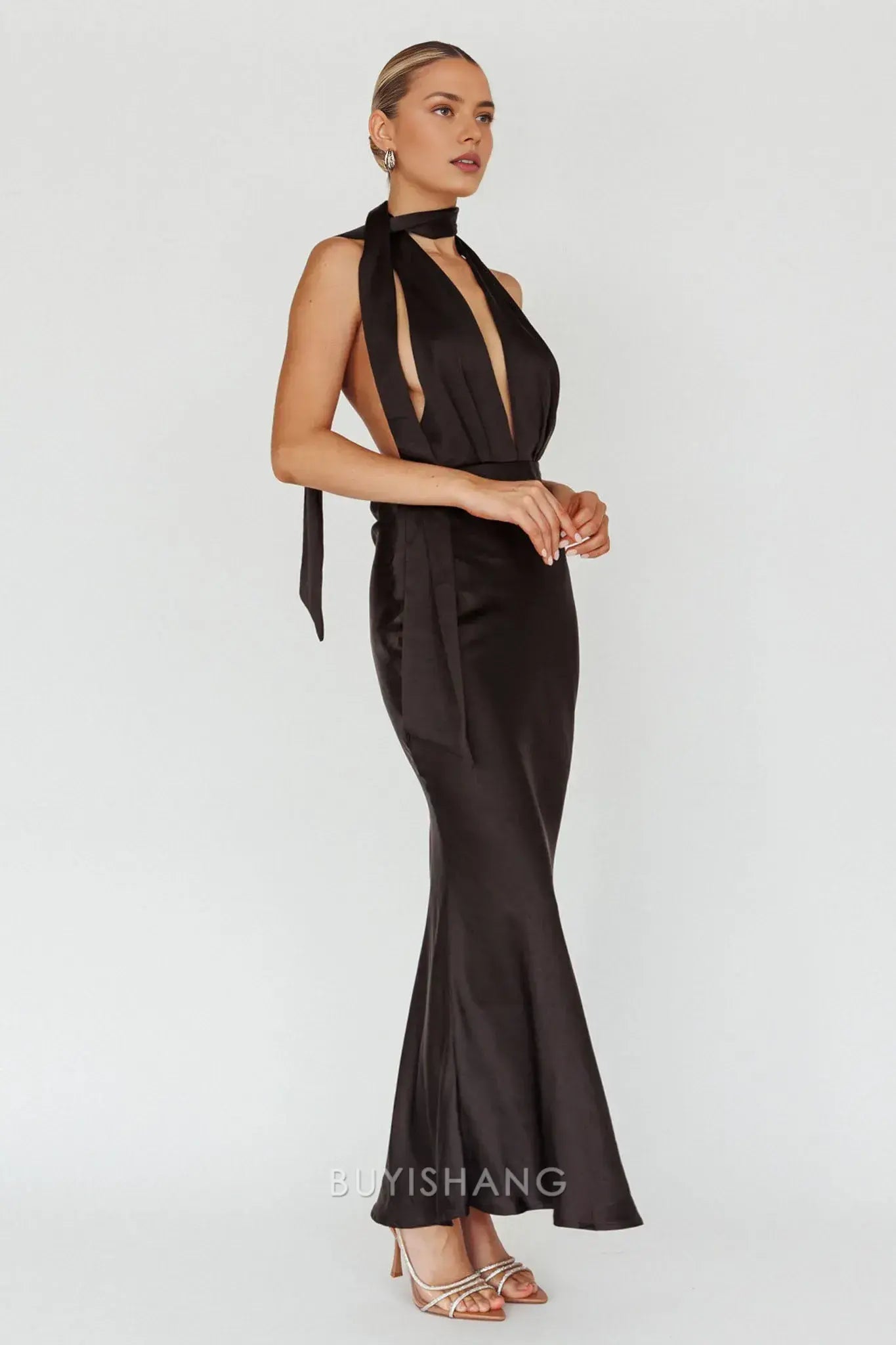 Elegant Mermaid Halter Neck Open Back Maxi Dress with Long Tie prom dress