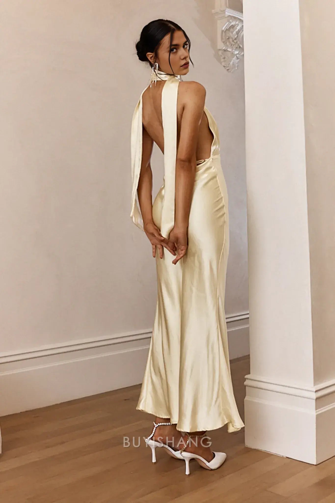 Elegant Mermaid Halter Neck Open Back Maxi Dress with Long Tie prom dress