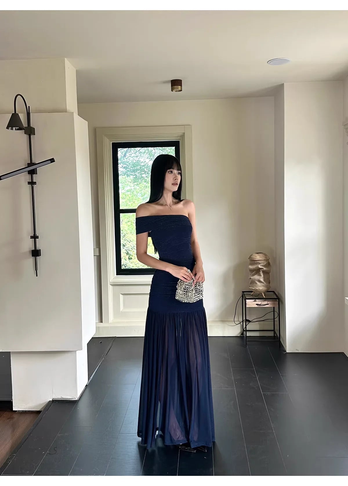 Elegant Mermaid Off-Shoulder Ruched Midnight Blue Chiffon Evening Dresses