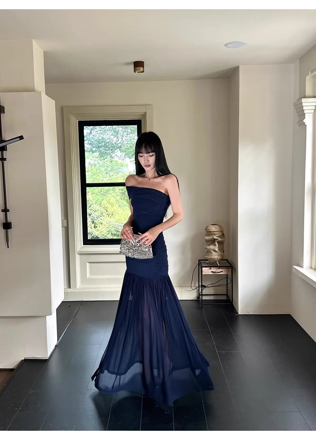 Elegant Mermaid Off-Shoulder Ruched Midnight Blue Chiffon Evening Dresses