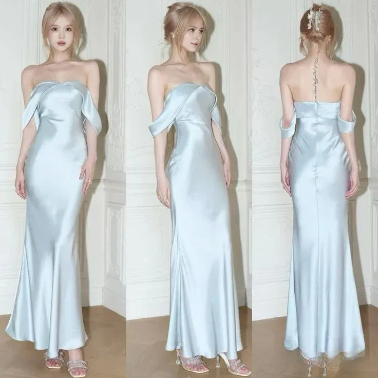 Buyishang Elegant Mermaid Off The Shoulder Floor-length Sleeveless Light Sky Blue Prom Dresses