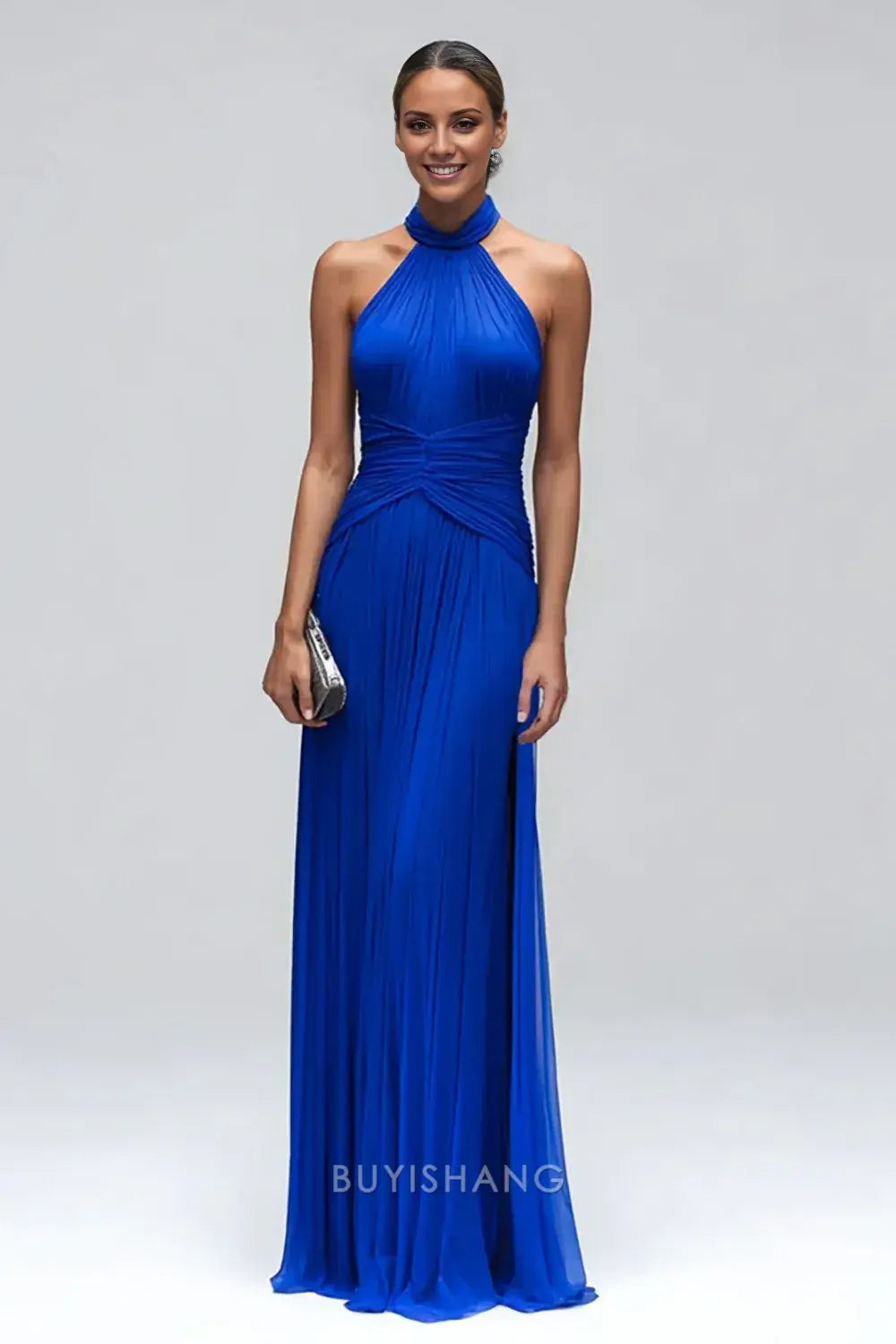 Elegant Mermaid/Trumpet Halter Neck Ruched Open-Back Maxi Dress Prom Dress