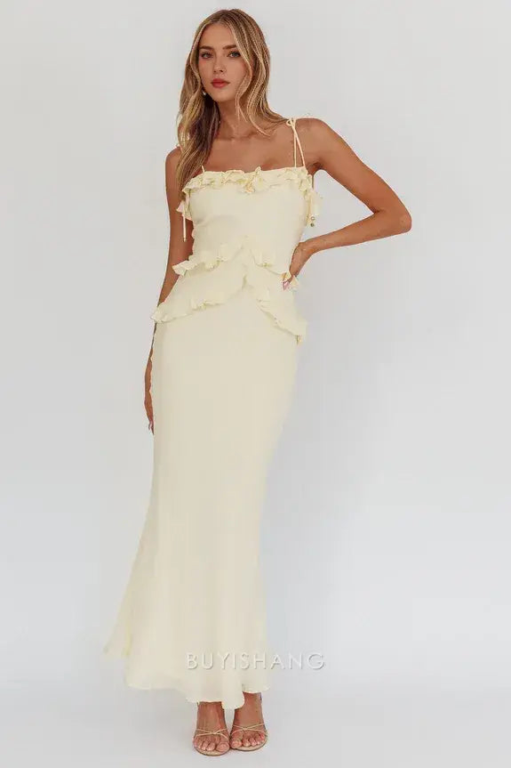 Elegant Mermaid/Trumpet Spaghetti Straps Sleeveless Open Back Ankle-Length prom dress