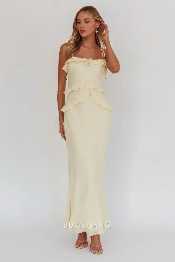 Elegant Mermaid/Trumpet Spaghetti Straps Sleeveless Open Back Ankle-Length prom dress