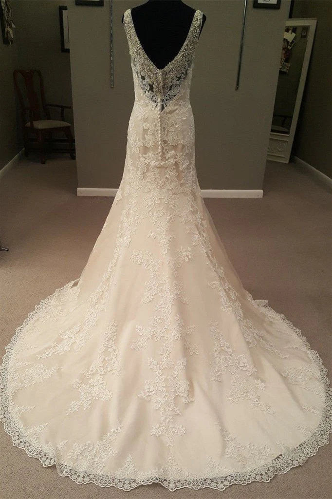 Elegant Mermaid V-Neck Lace Champagne Floor-Length Wedding Dress
