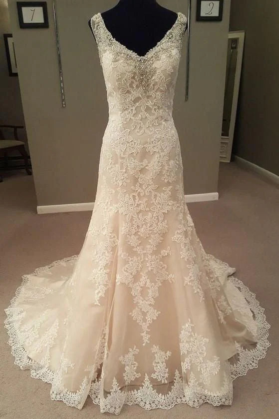 Elegant Mermaid V-Neck Lace Champagne Floor-Length Wedding Dress