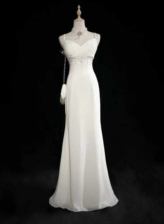 Elegant Mermaid V-Neck Sleeveless Beaded Ivory Chiffon Long Prom Dresses