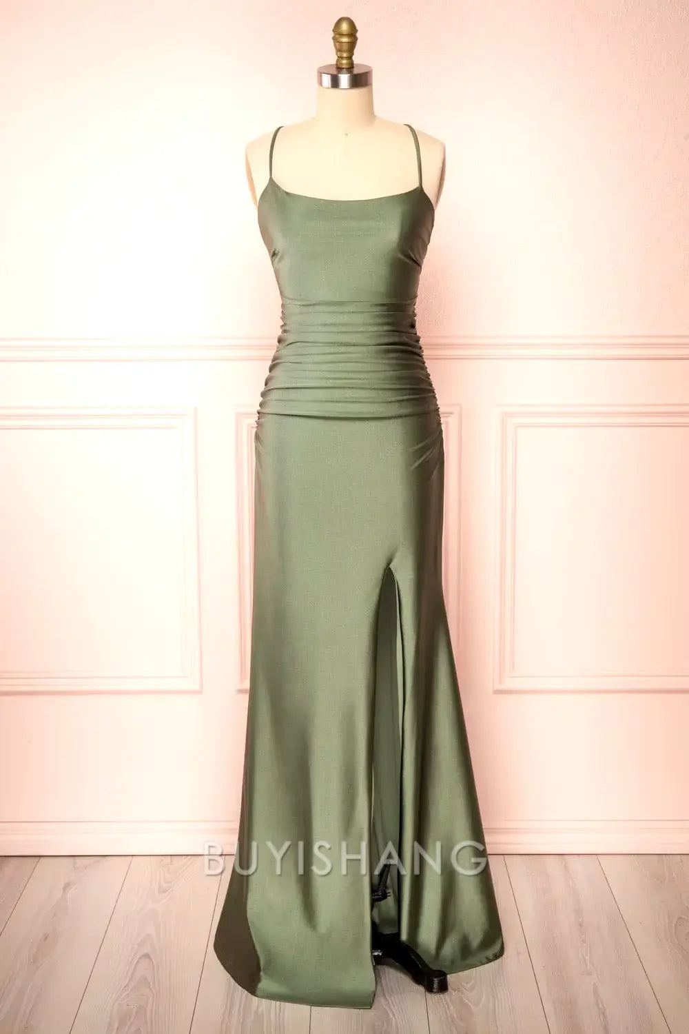 Buyishang Elegant Modest Sheath Olive Green Backless Long Prom Dresses Formal Graduation Party Dress Evening Dress