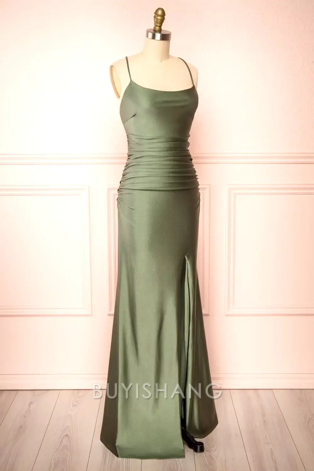Buyishang Elegant Modest Sheath Olive Green Backless Long Prom Dresses Formal Graduation Party Dress Evening Dress