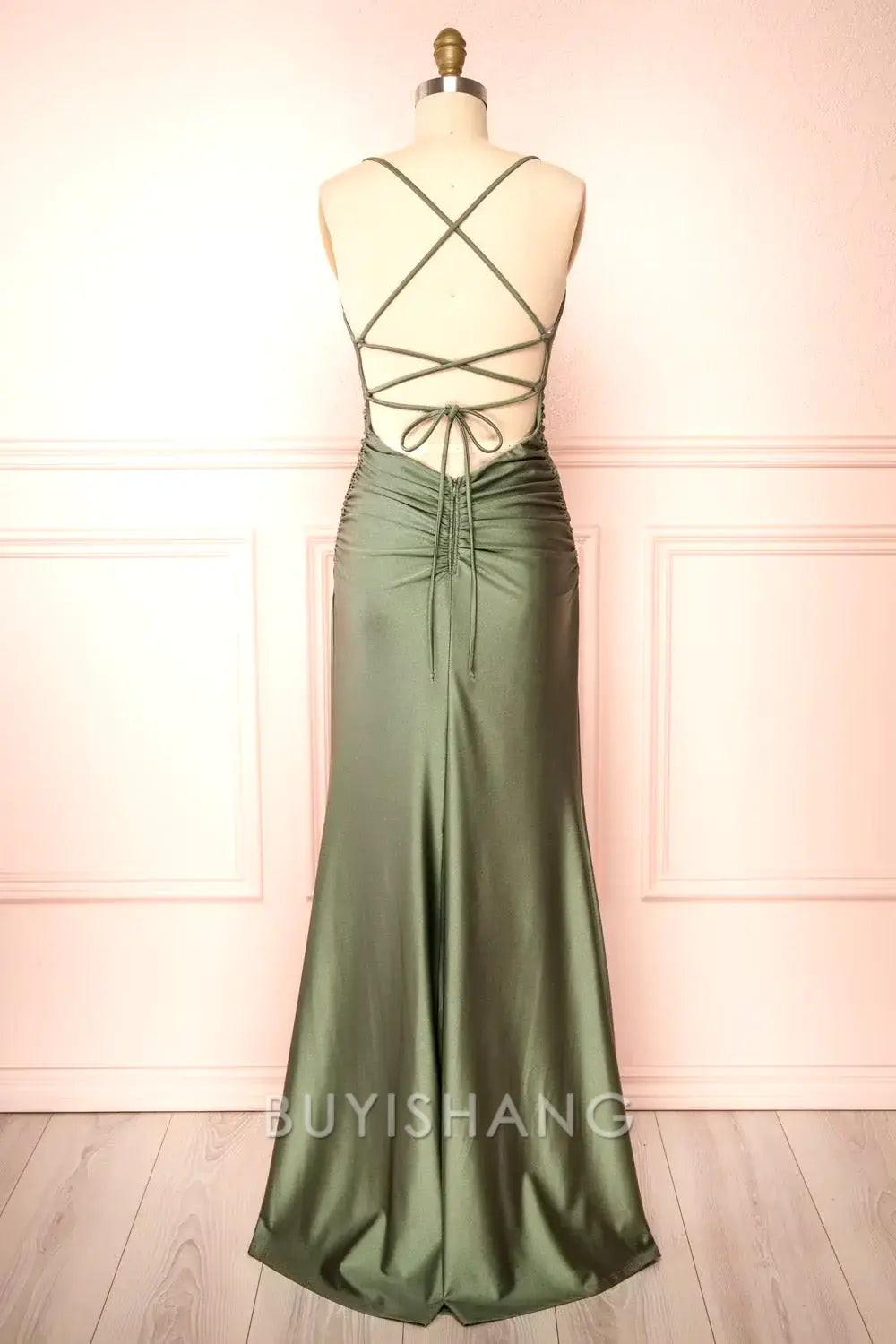 Buyishang Elegant Modest Sheath Olive Green Backless Long Prom Dresses Formal Graduation Party Dress Evening Dress